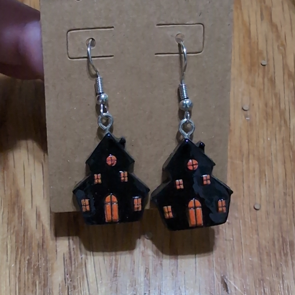 Black and Orange Haunted House Earrings